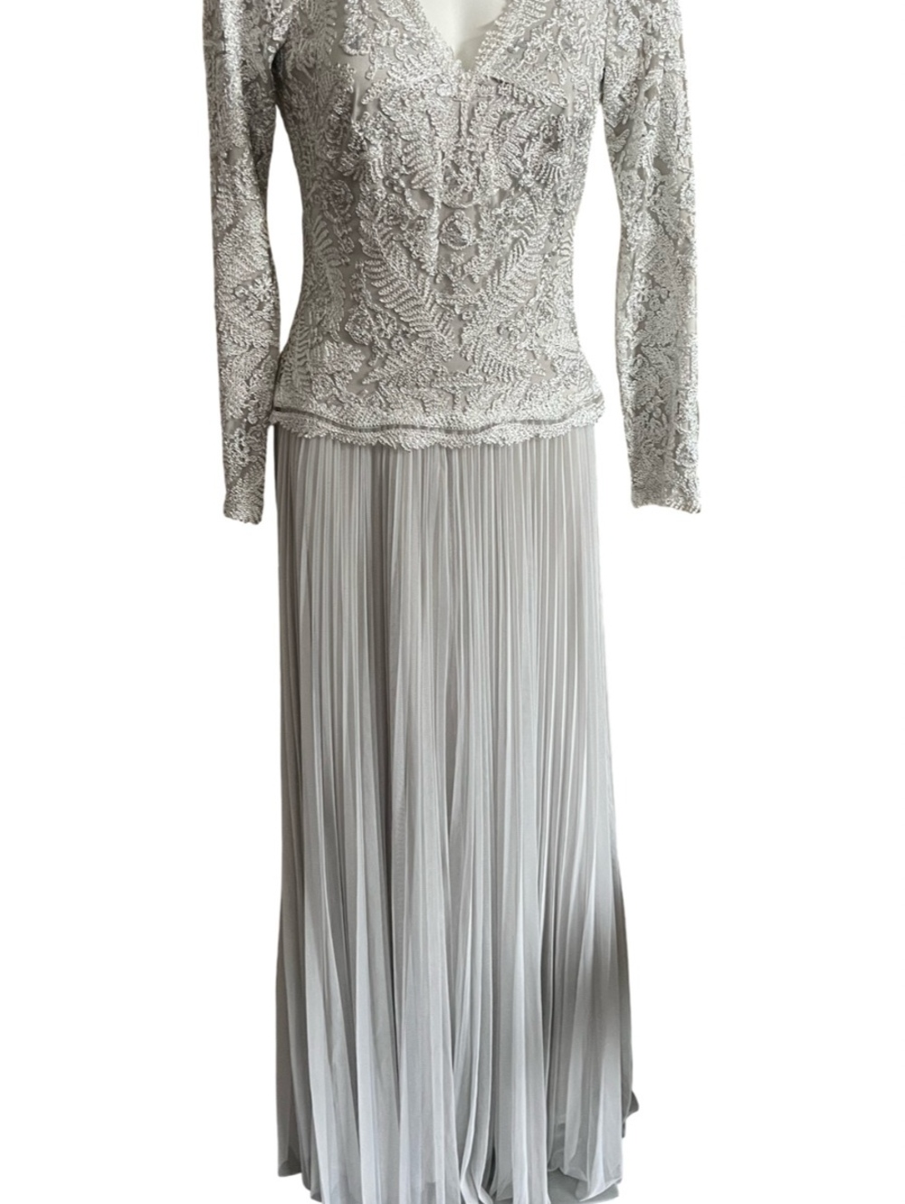 New Tadashi Shoji 6 Heron Embellished Silver Gown Maxi Dress